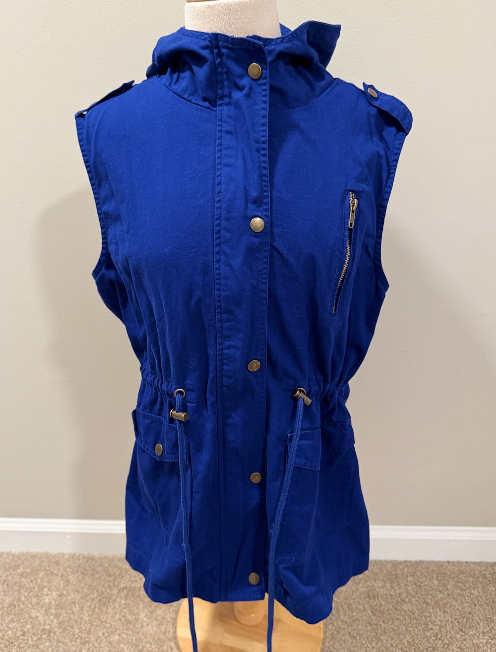 Zenana Outfitters Vest Royal Blue 100% Cotton Hooded Utility Anorak Cargo Large